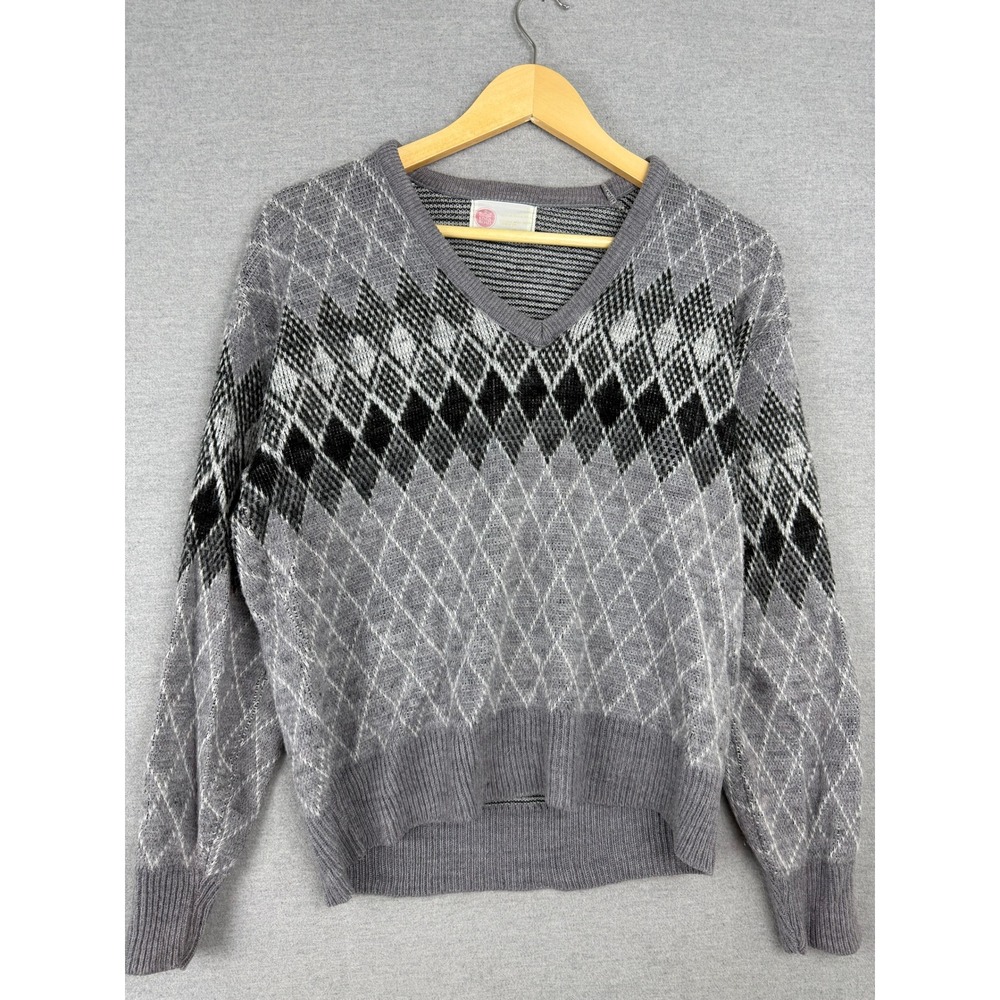 Vintage Kings Road Sears Argyle V-Neck Sweater Mens‎ Grey Black Diamond Knit L